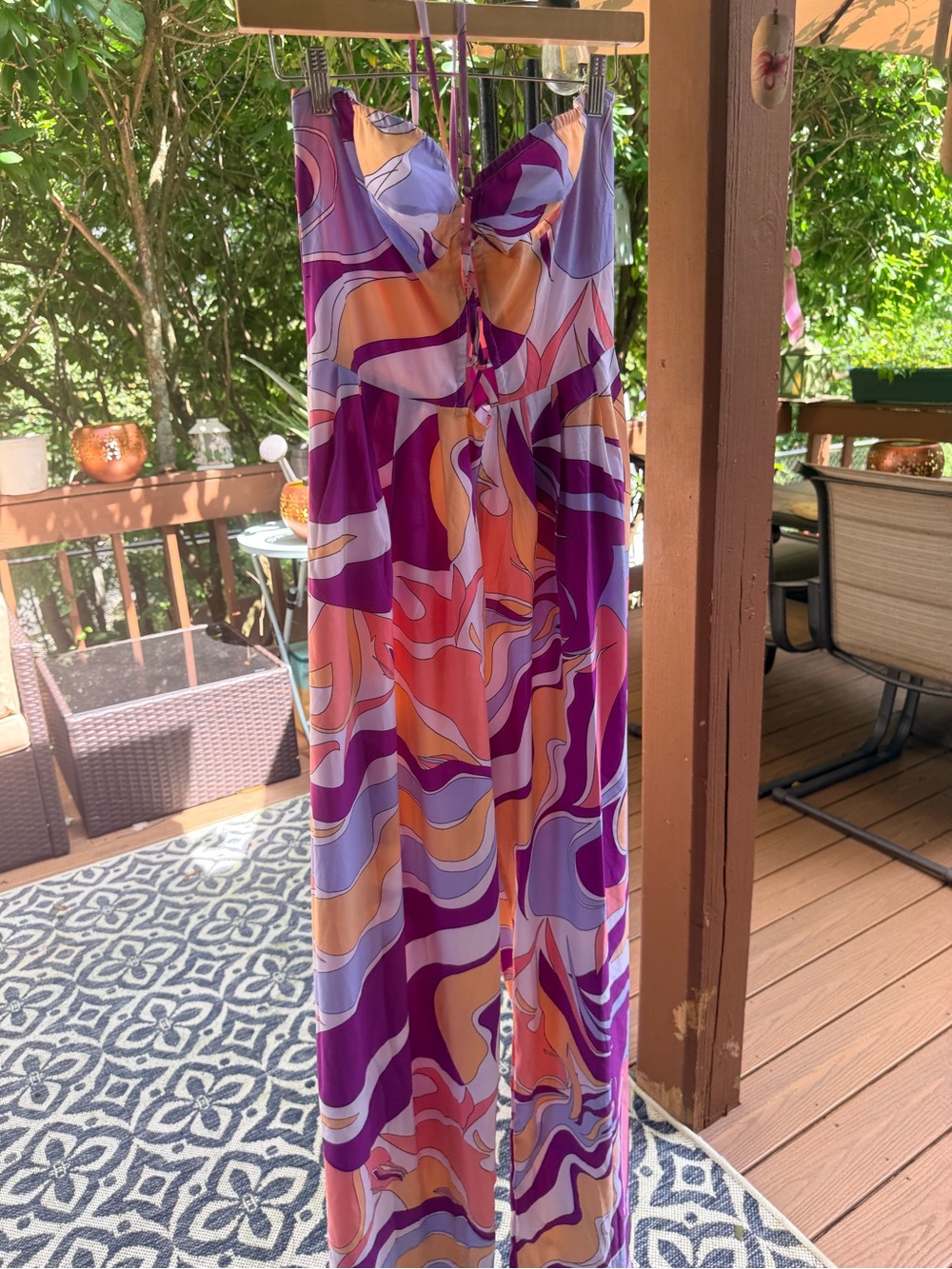 PrettyLittleThing Purple, Peach & Lavender Swirl Strapless Jumpsuit